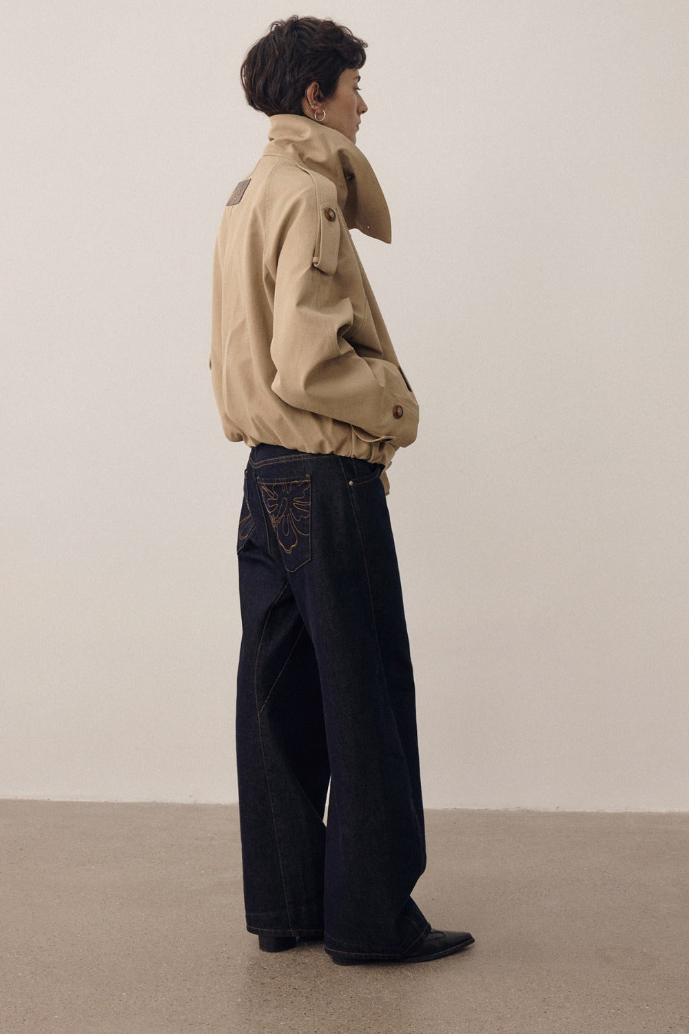 Color-Blocked Double-Breasted High-Collar Trench Coat