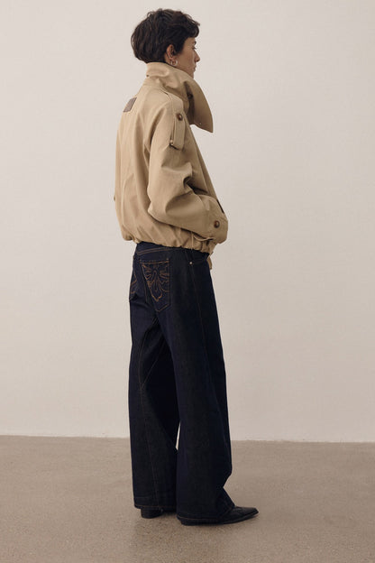 Color-Blocked Double-Breasted High-Collar Trench Coat