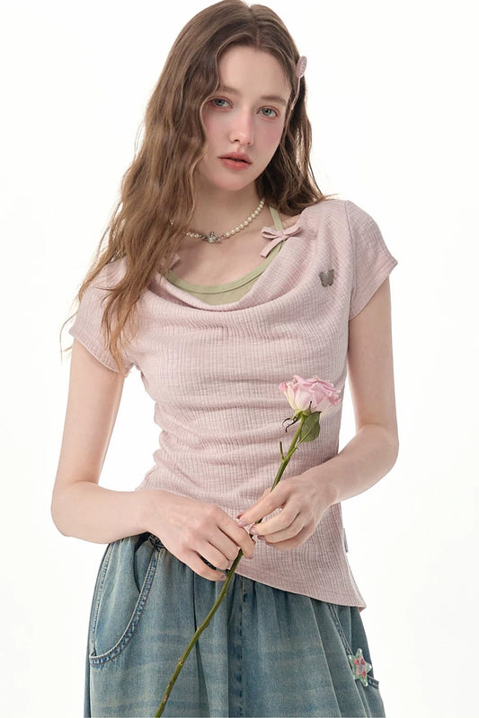 Flared Collar Pink Halter Neck Top