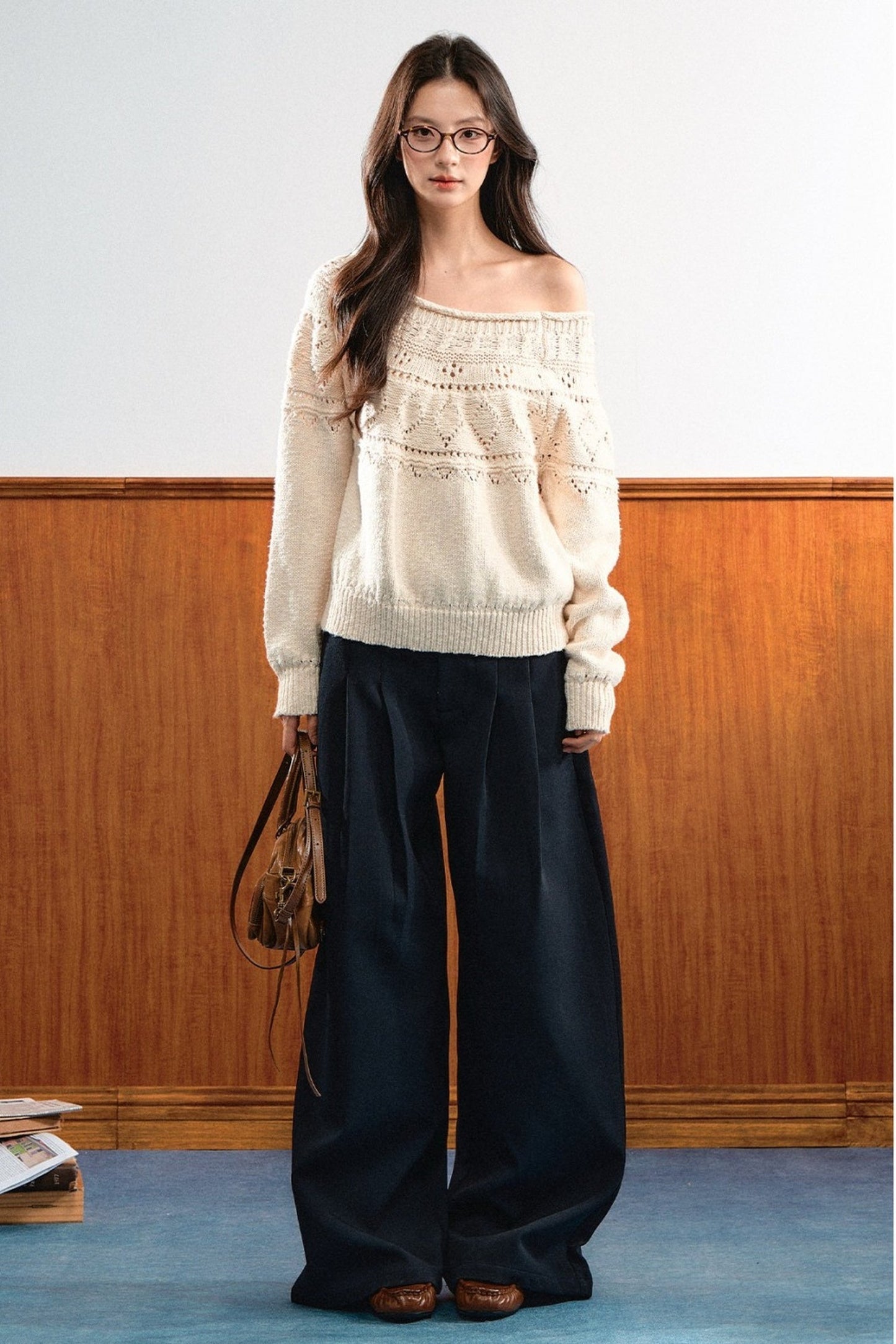 Off-Shoulder Diamond Knit Top