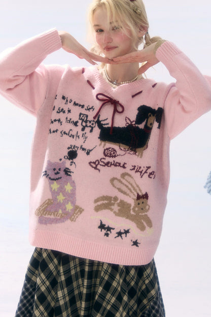 Pink Cartoon Print V-Neck Sweater
