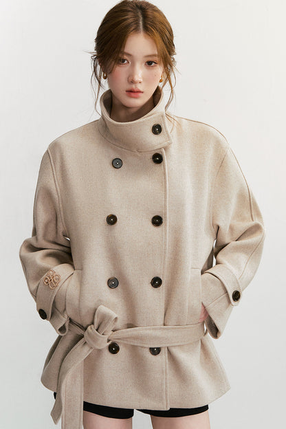 50% Wool Double-Breasted Tie Waist Jacket