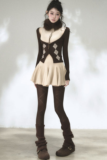 Vertical Striped Diamond Knit Cardigan and Ruffled Dress Set-Up