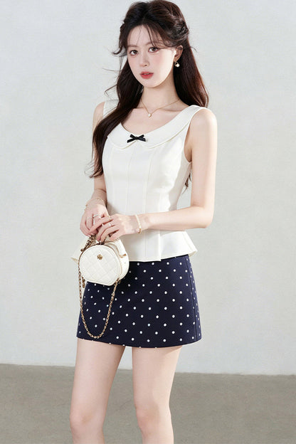 White Sleeveless Shirt and Polka Dot Skirt Set-Up