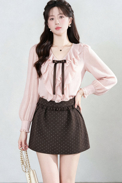 Pink Ruffled V-Neck Chiffon Top and Skirt Set-Up