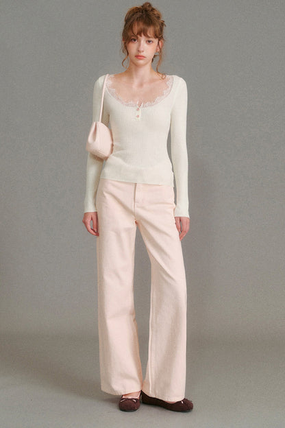 100% Cotton Folded Waistband Wide-Leg Jeans