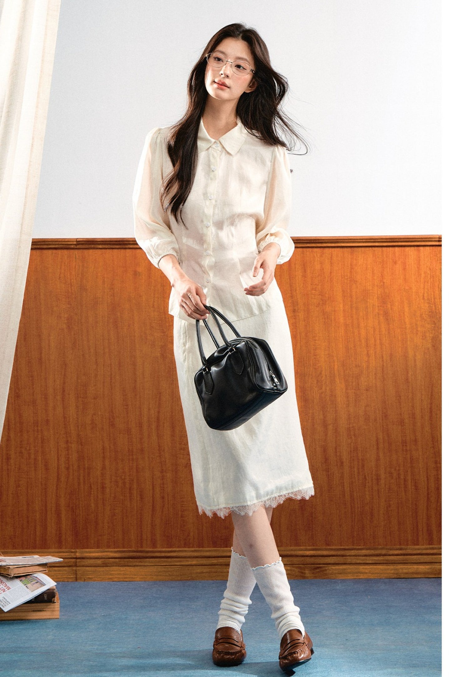 Lace Trim Puff Sleeve Top and Skirt Set-Up
