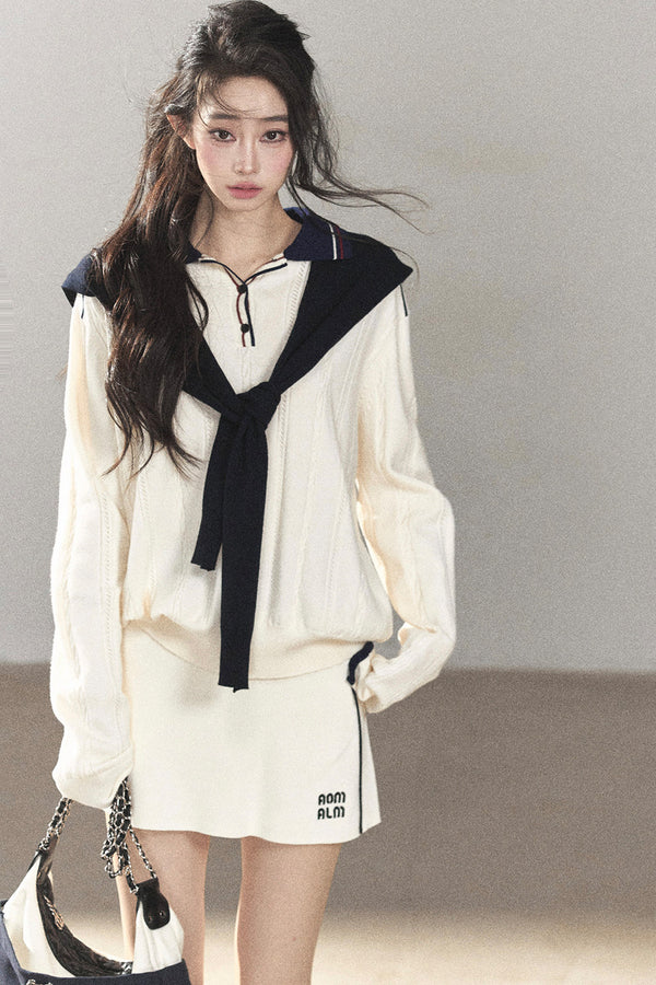 College Style Knitted Top and Short Skirt Two-Piece Set-Up