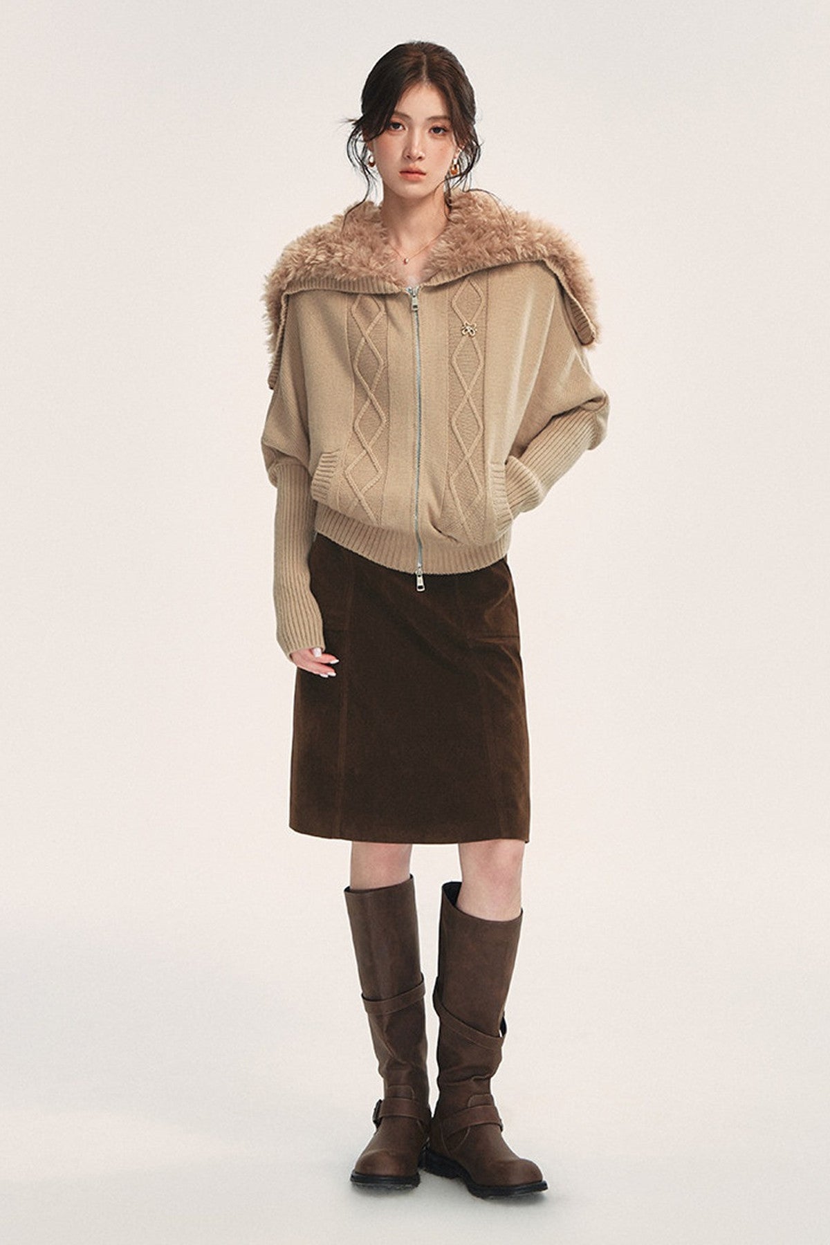 Detachable Navy Fur Collar Cable-Knit Cardigan