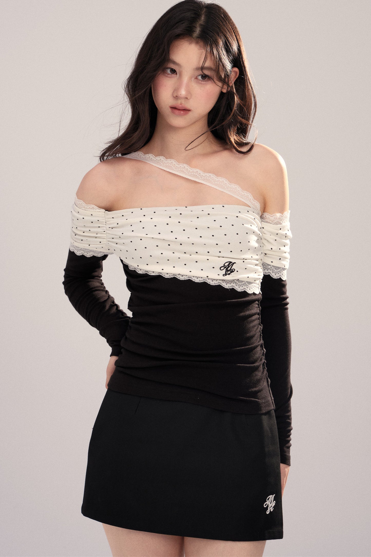Polka Dot Spliced Lace Off-Shoulder T-Shirt