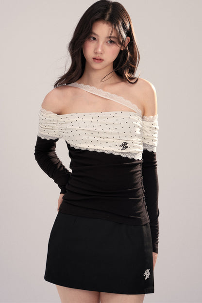 Polka Dot Spliced Lace Off-Shoulder T-Shirt