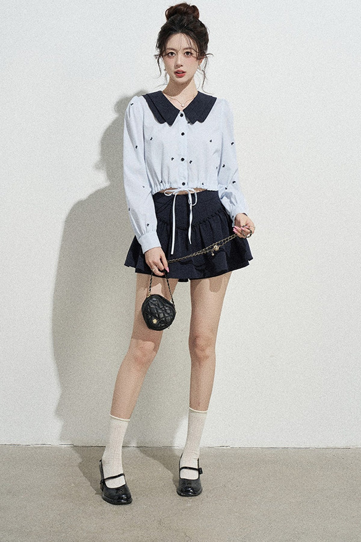Doll Collar Drawstring Long-Sleeve Shirt and Skirt Set-Up