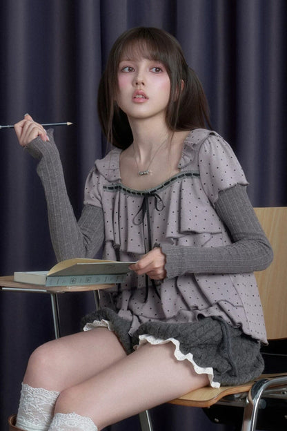 Long-Sleeved Gray-Purple Cake-Style Knit Top
