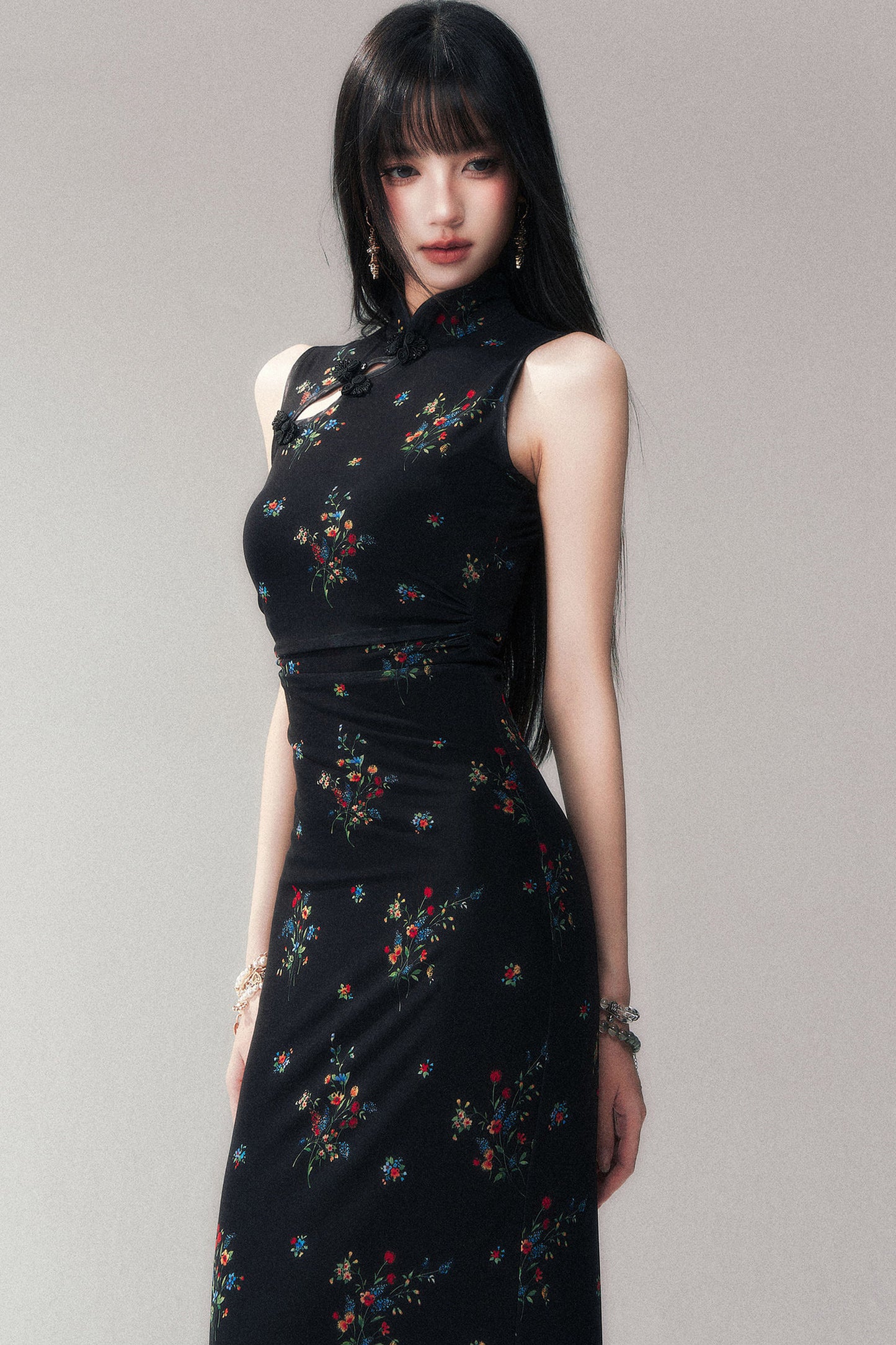 Floral Mesh Cheongsam Long Dress