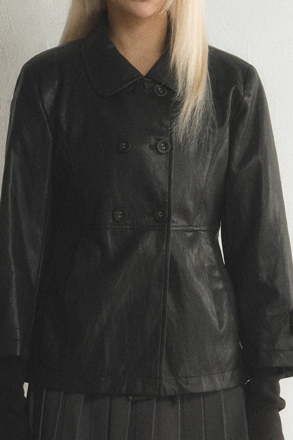 Black Double-Breasted PU Leather Top and Skirt Set-Up