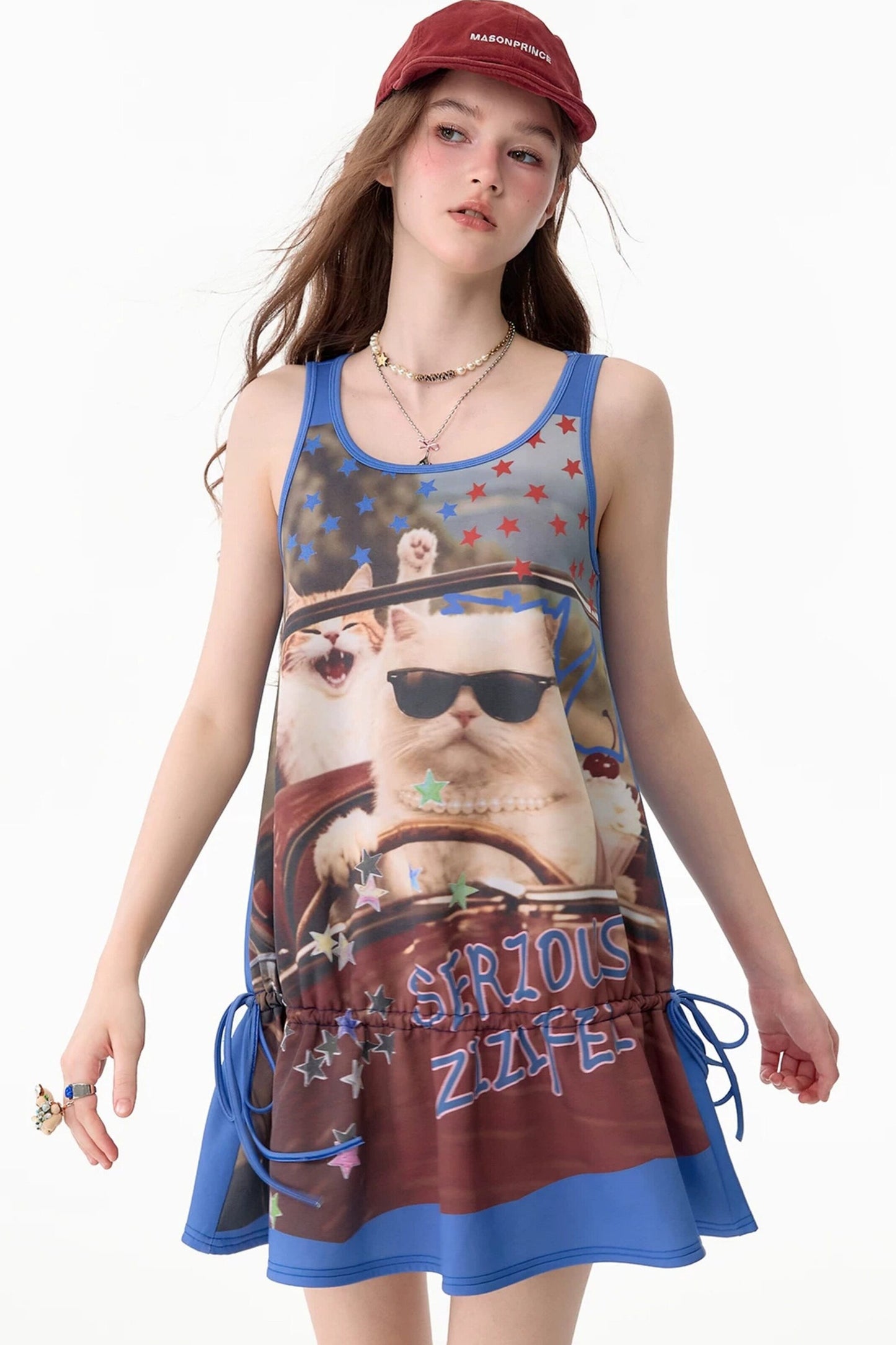 Robe sans manches streetwear rétro américaine à imprimé chat