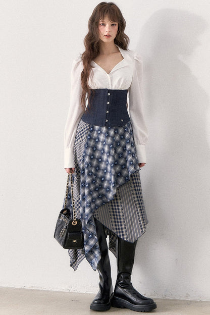 White Shirt and Denim Waistband Asymmetrical Plaid Skirt Set-Up