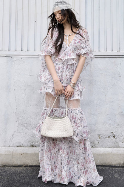 Romantic two-piece floral 3D ruffled skirt set