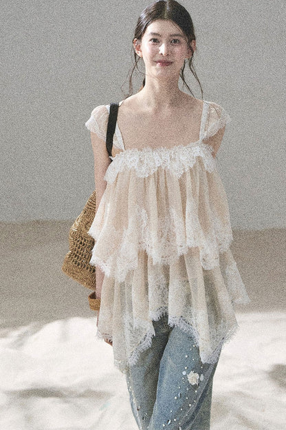 Asymmetric French Lace Mesh Top Set