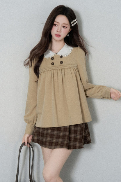 Khaki Doll Collar Pullover Shirt and Skirt Set-Up
