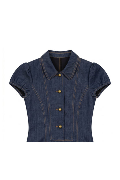 Completo estivo in finto denim con blusa e gonna