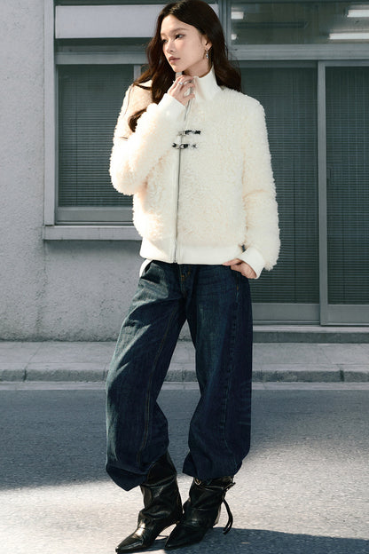 Loose Patchwork Stand-Up Collar Fur Jacket