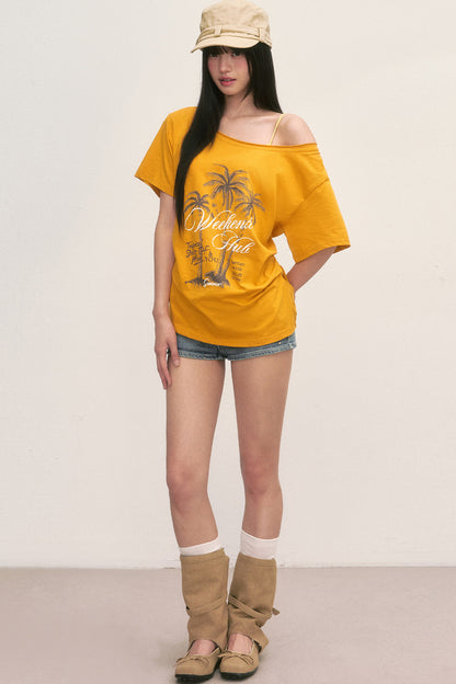 Palm Tree Graphic Off-Shoulder Lace-Up T-Shirt