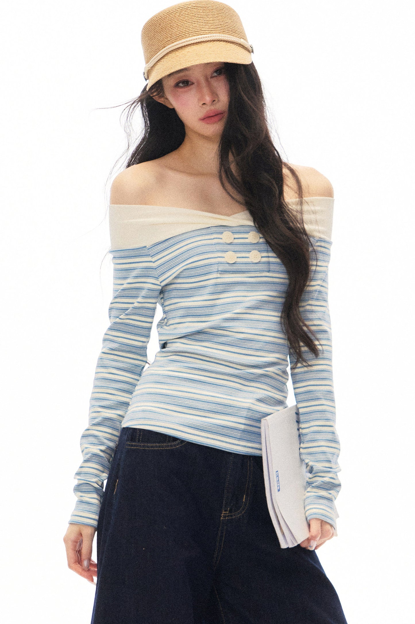 Striped Off-Shoulder Knit Top and Jeans Set-Up