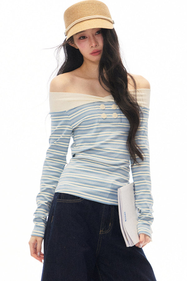 Striped Off-Shoulder Knit Top and Jeans Set-Up