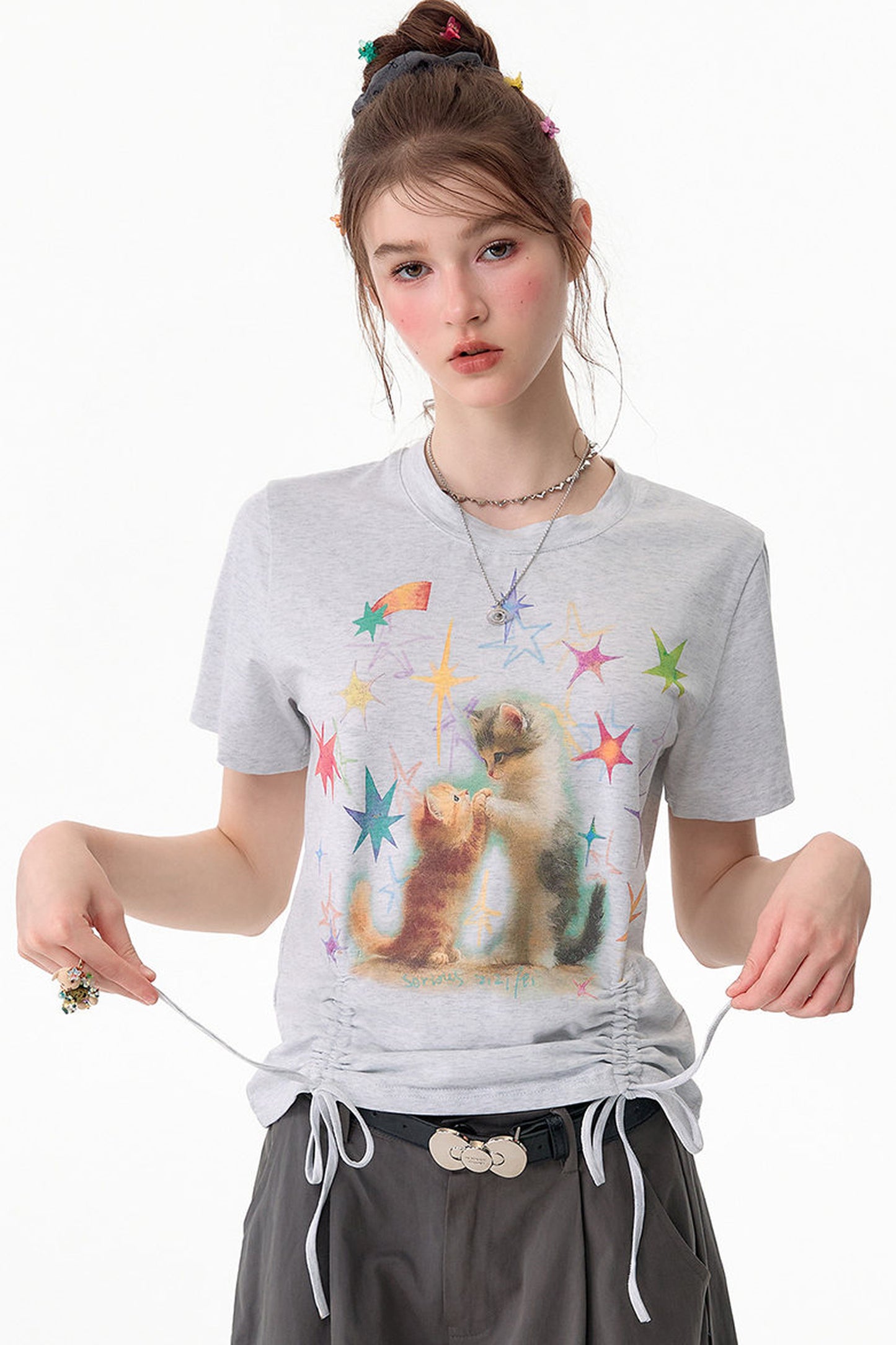 Cat Print Drawstring T-Shirt