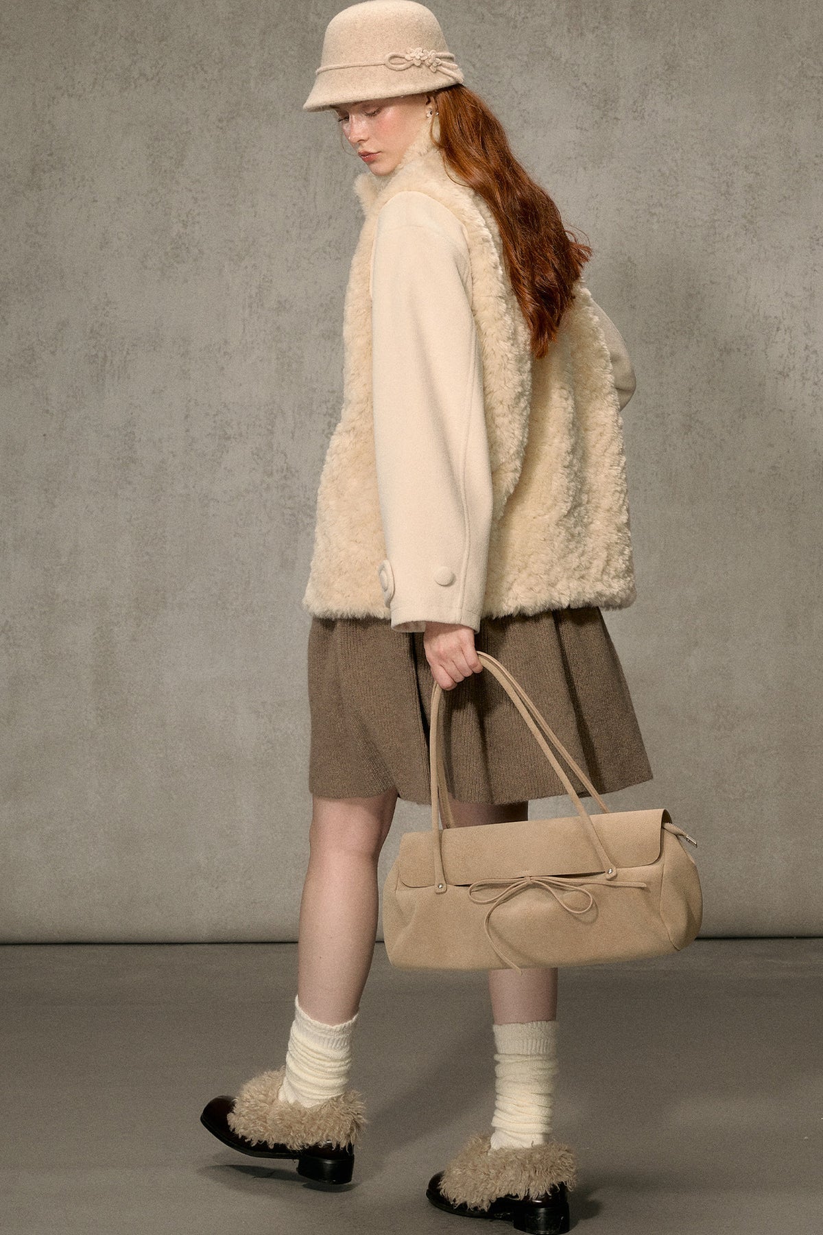 Flower Tea Layered-Look Woolen Furry Top