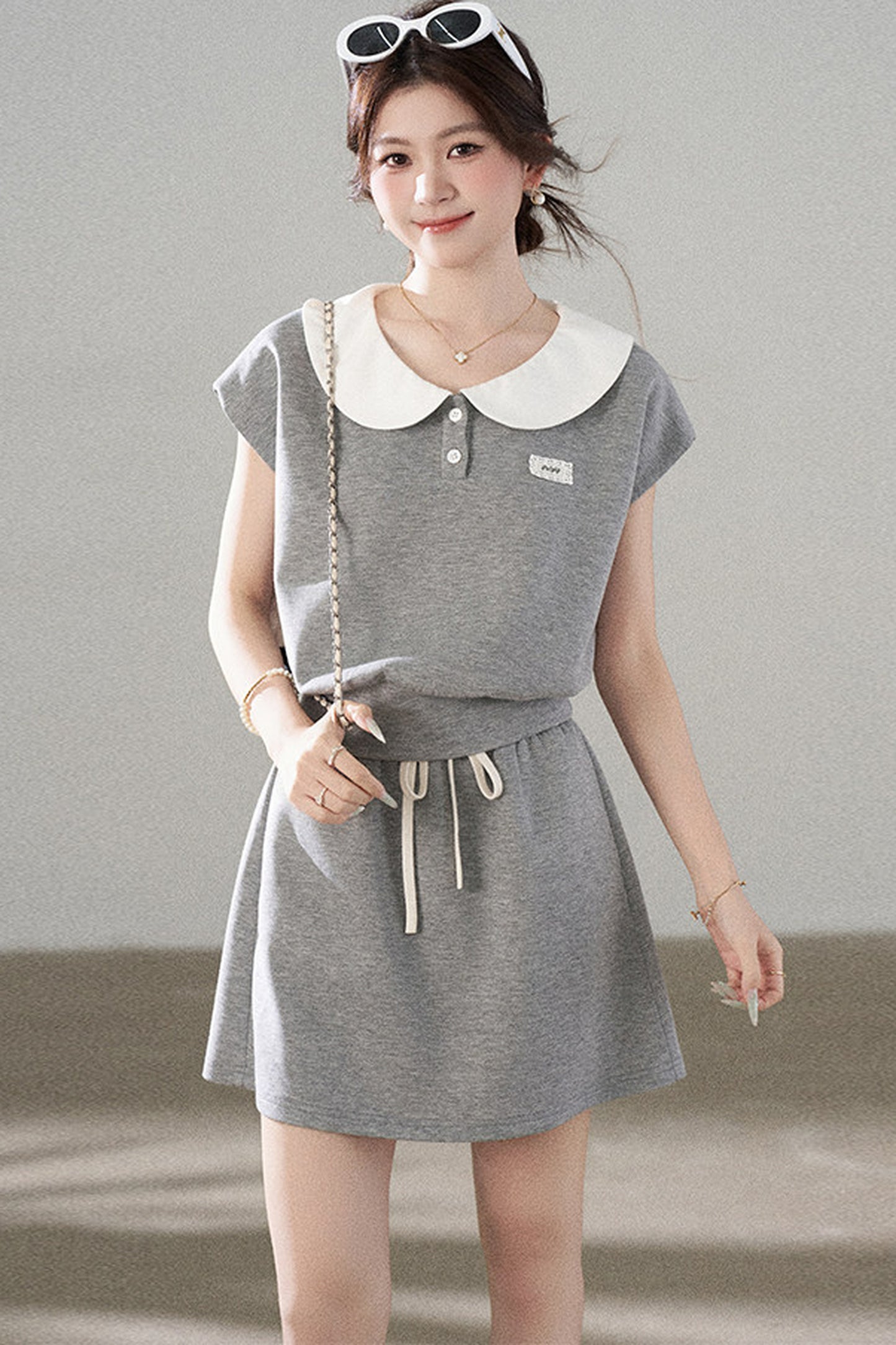 Gray Doll Collar Short-Sleeve Top and Skirt Set-Up