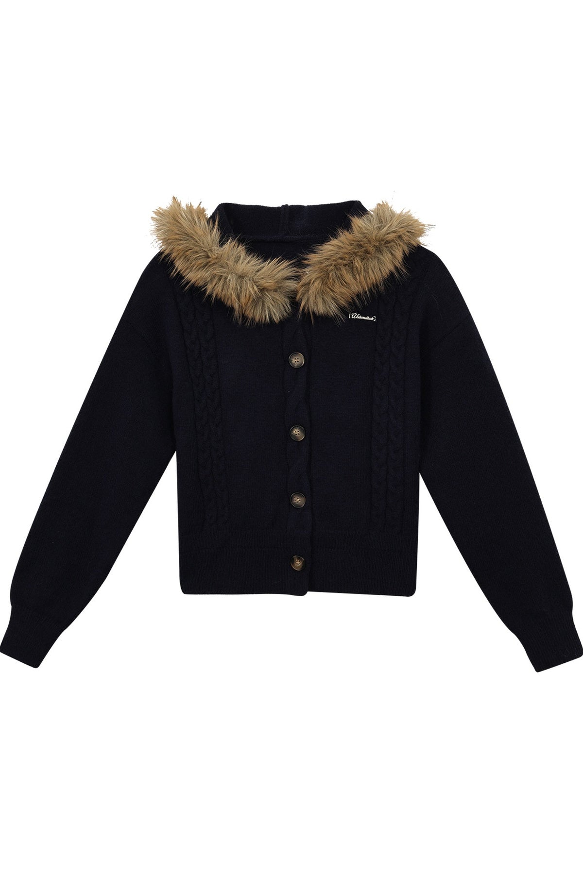 Fur Collar Hooded Cable Knit Cardigan Set-Up