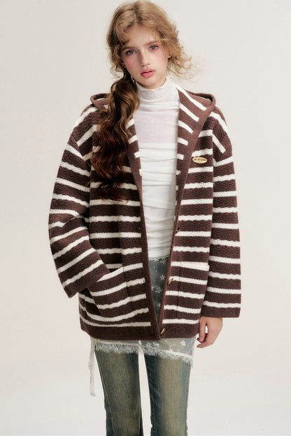 Hooded Striped Knit Cardigan