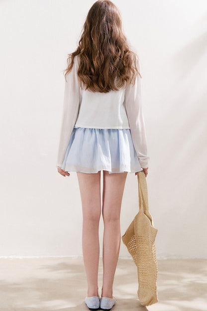 French Style Puff Sleeve Ruffle Trim Cardigan and Dress Set