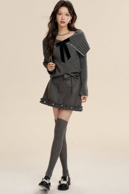 Bow-Knot Pearl Knit Sweater and Skirt Set-Up
