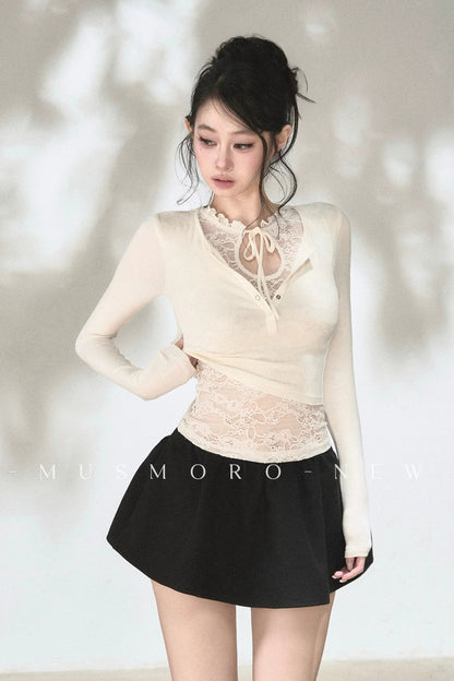 Layered-Look Lace Knit Top