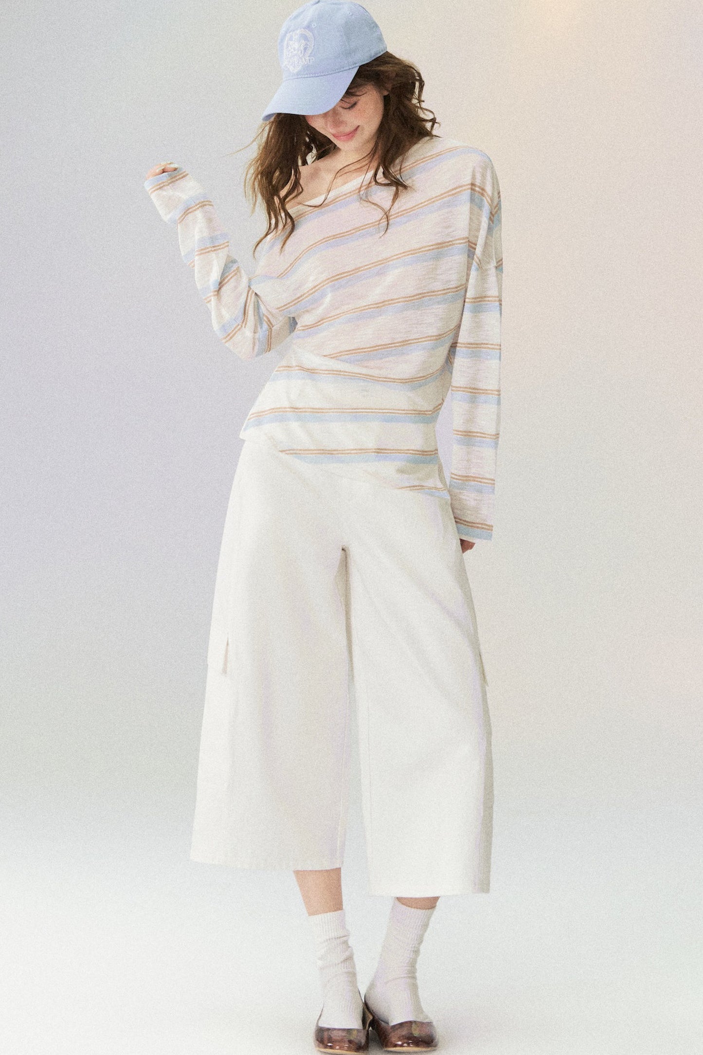 Off-Shoulder Striped Long-Sleeve Blouse