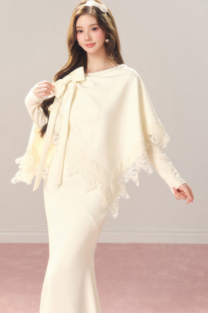 Artistic Bow Lace Knit Cape and Skirt Set-Up