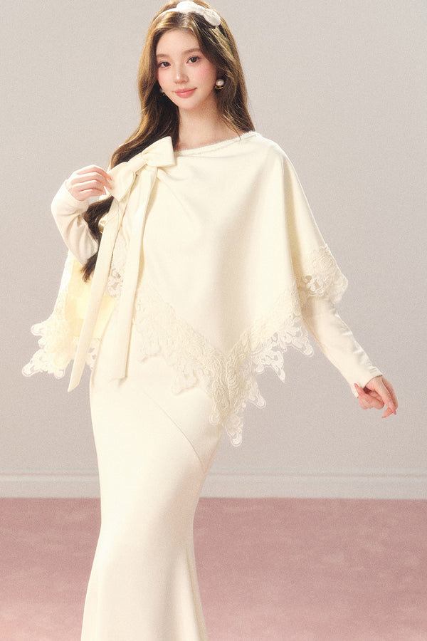 Artistic Bow Lace Knit Cape and Skirt Set-Up