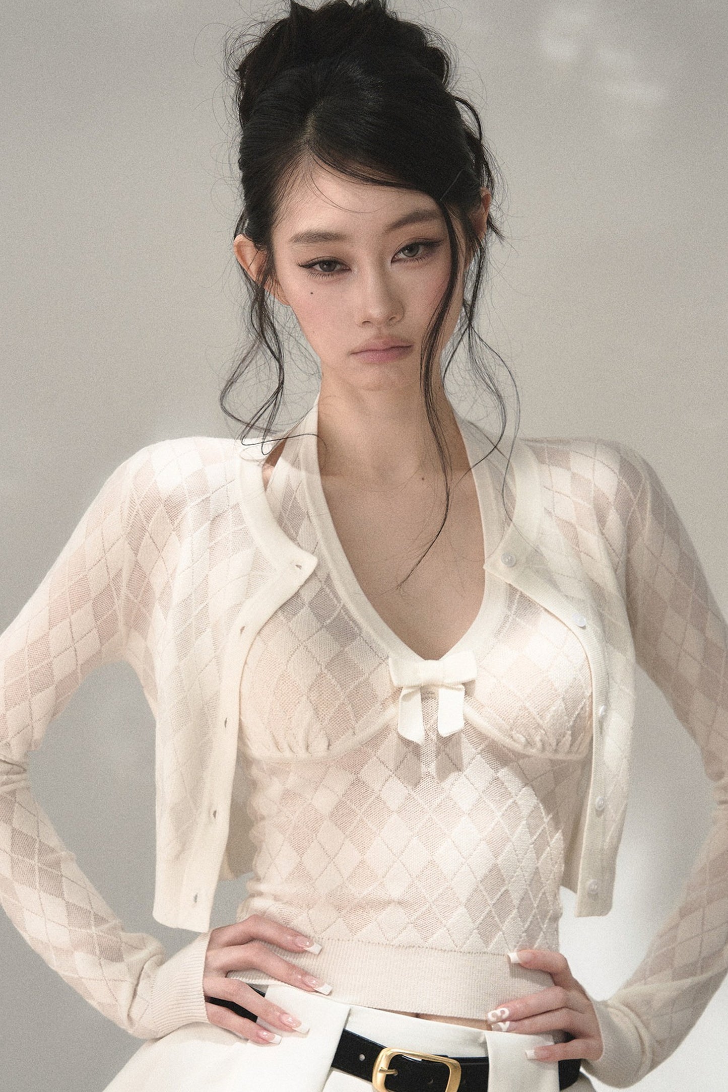 Grey Argyle Knit Cardigan With Camisole Set-Up