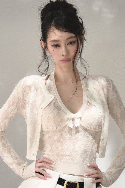 Grey Argyle Knit Cardigan With Camisole Set-Up