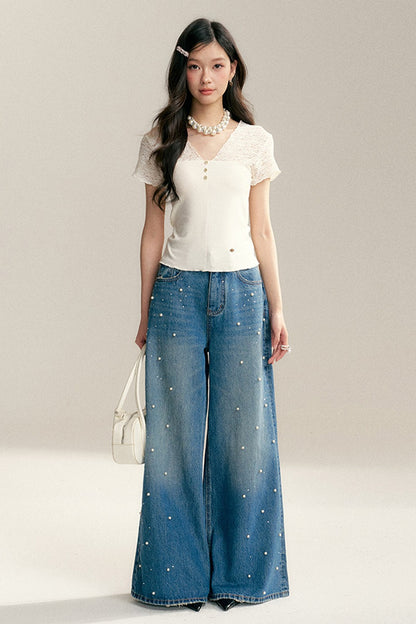 Pearl Rhinestone Wide Leg Jeans