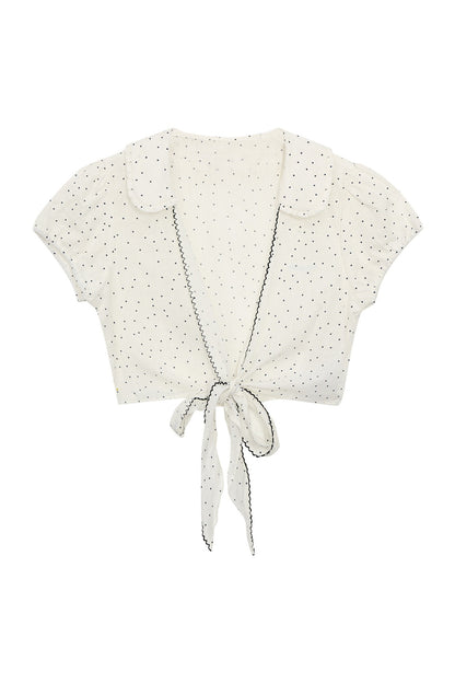 Polka Dot Bow Cardigan And Ruffle Skirt Set-Up