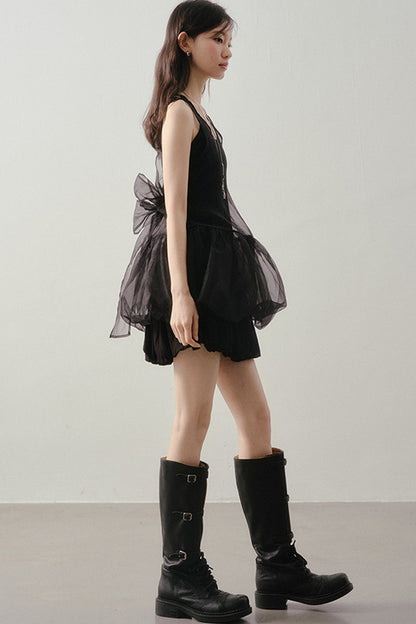 Dark Bow Mesh Blouse And Camisole Set