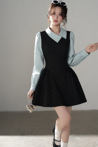 Black Polka Dot Asymmetrical Collar Dress