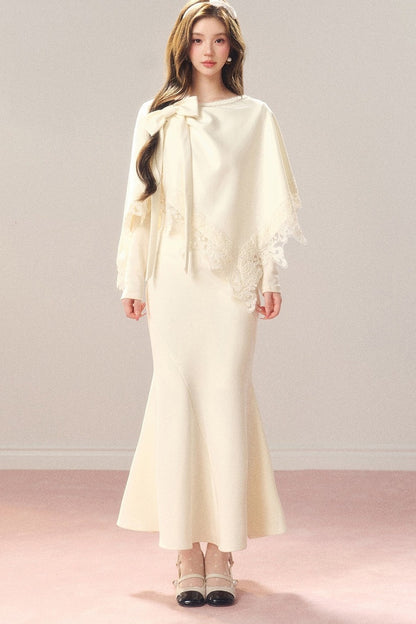 Artistic Bow Lace Knit Cape and Skirt Set-Up