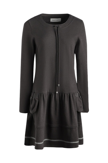 Long-Sleeved Knit Round Neck Tie Dress