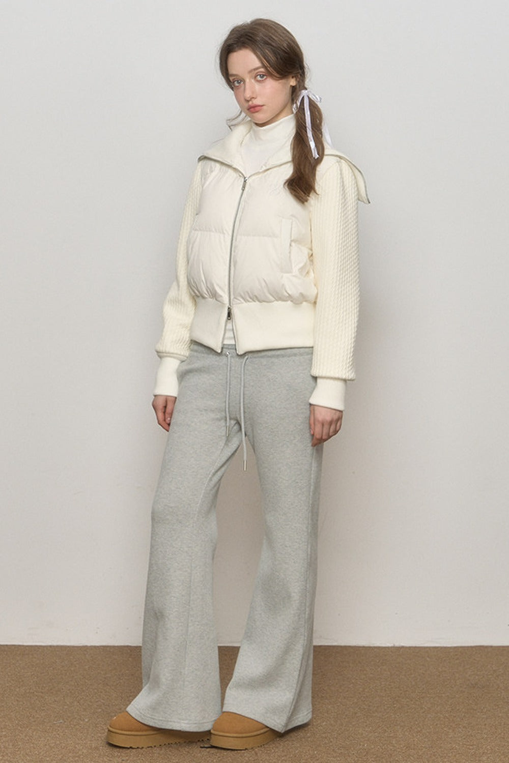 White Sailor Collar Sweater Sleeve Spliced Short Down Jacket