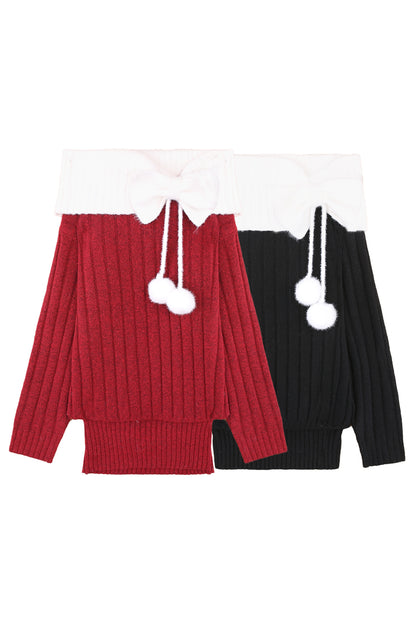 Off-Shoulder Bowknot Pom-Pom Knit Dress